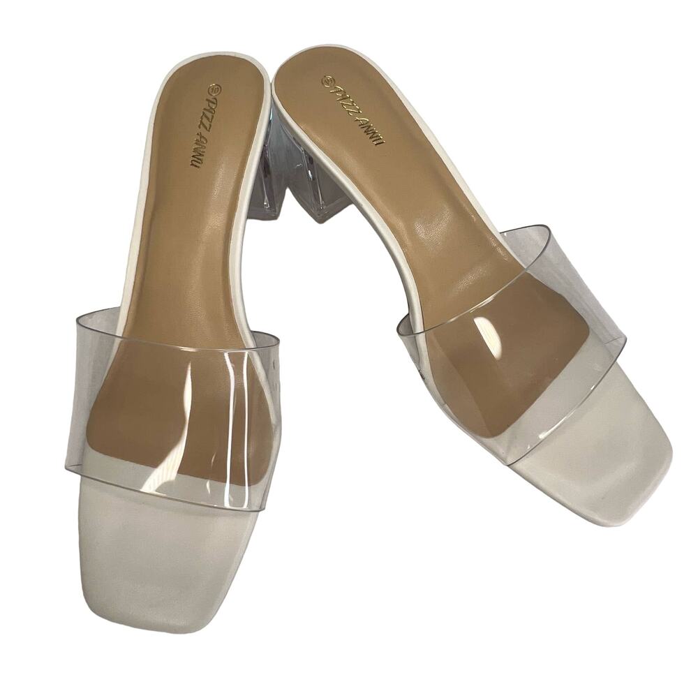 PIZZ ANNU "Simone" Women's 10M Open Square Toe Low Block Heel Clear Strap Sandal